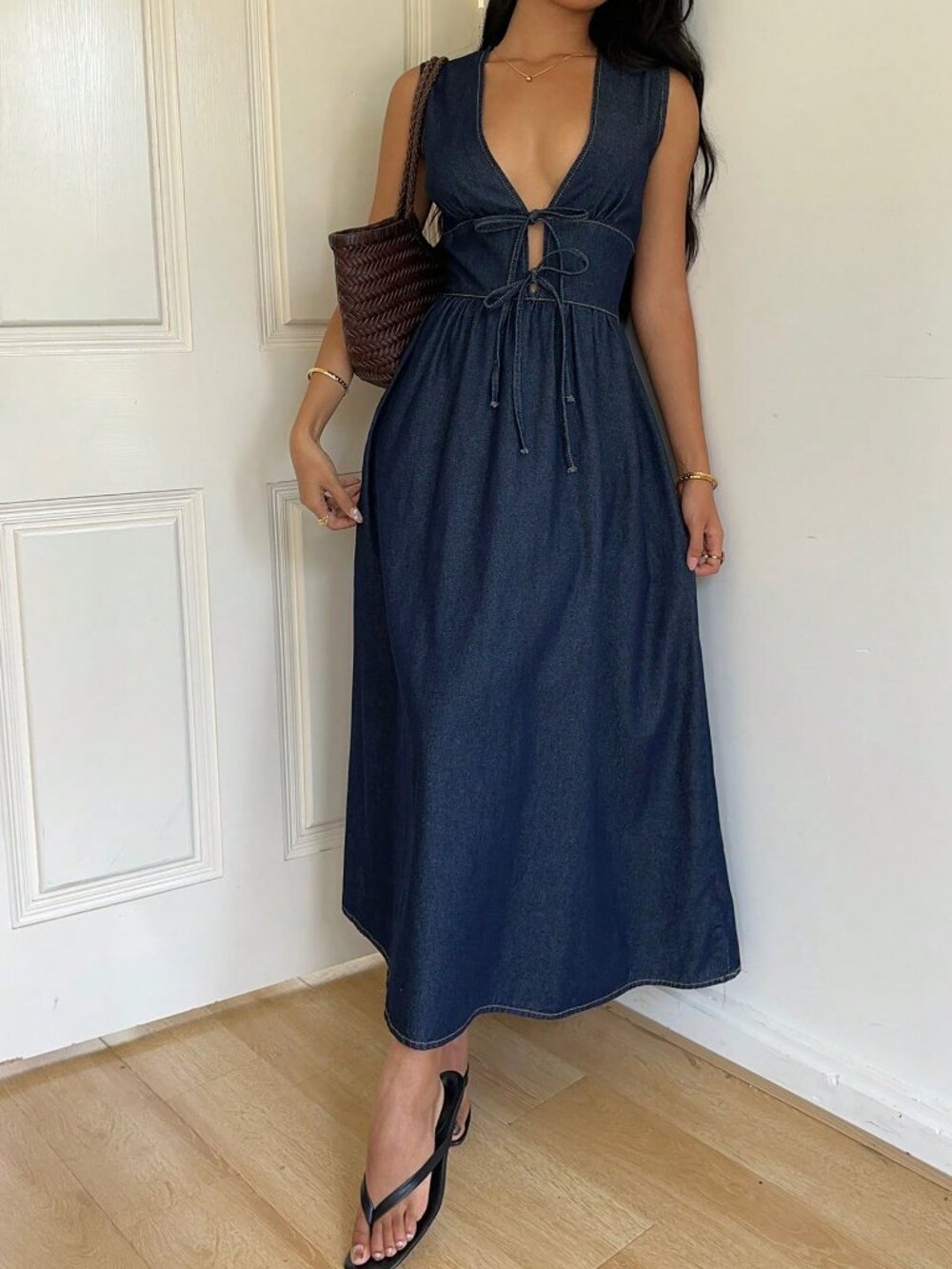 Blue Casual Women's Deep V Neck Sleeveless Denim Wrap Dress - Picture 6 of 8